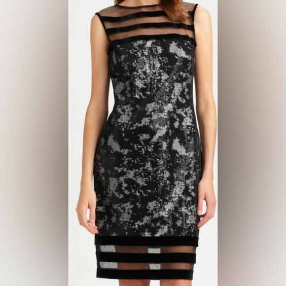 NWT Tadashi Shoji Black & Silver Velvet Trim Shift Dress, Size 2 - Picture 1 of 10